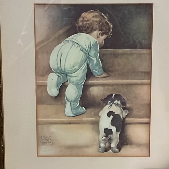 Framed Bessie Pease Gutmann Print, Little Boy & Puppy Climbing Stairs - Picture 2 of 14